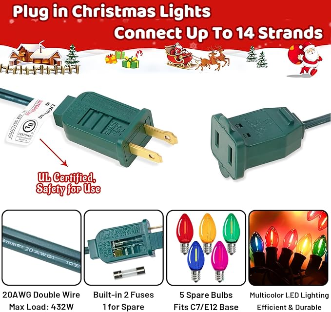 50 Feet Multi-colored C7 LED Christmas Lights Outdoor Colored Christmas Lights Waterproof with 50 + 5 Pack Energy Efficient C7 LED Bulbs (0.6W = 7W) for Colorful Xmas House Stairs Porch Tree Decor