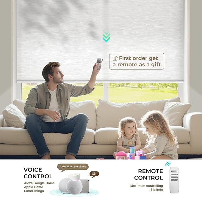 HeyBlinds Motorized Roller Shades, Smart Blinds for Windows, Remote Automatic Window Shades, Electric Shades, Light Filtering, Compatible with Alexa Google Apple Home (Moon River-White LF)
