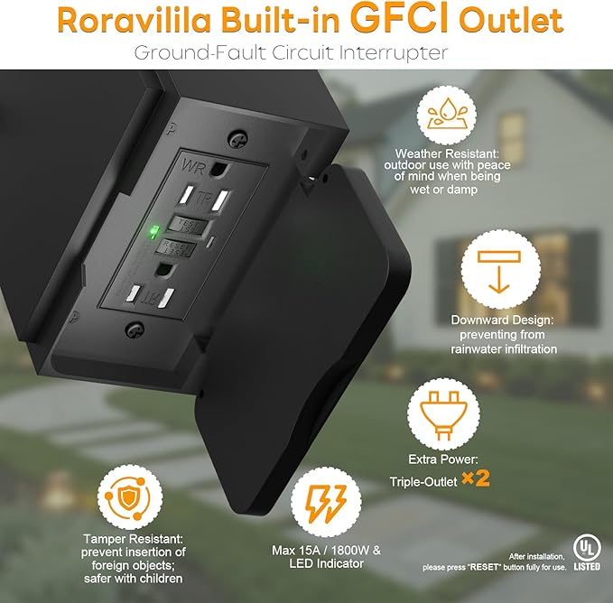 Roravilia Motion Sensor Outdoor Light for House with GFCI Outlet, 18” Large Dusk to Dawn Exterior Light Fixture IP65 Waterproof Exterior Lantern Porch Light Patio Garage Wall Sconce, 2 Receptacles