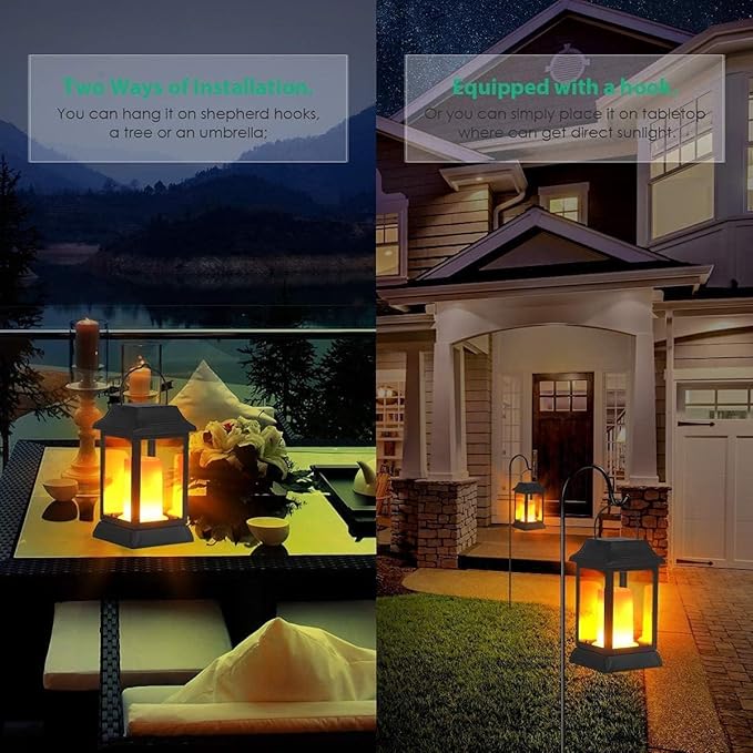 TomCare Solar Lights Metal Flickering Flame Solar Lantern Outdoor Hanging Lanterns Decorative Lighting Heavy Duty Solar Powered Waterproof Umbrella Lighting for Garden Yard Patio Deck, 4 Pack（Black）