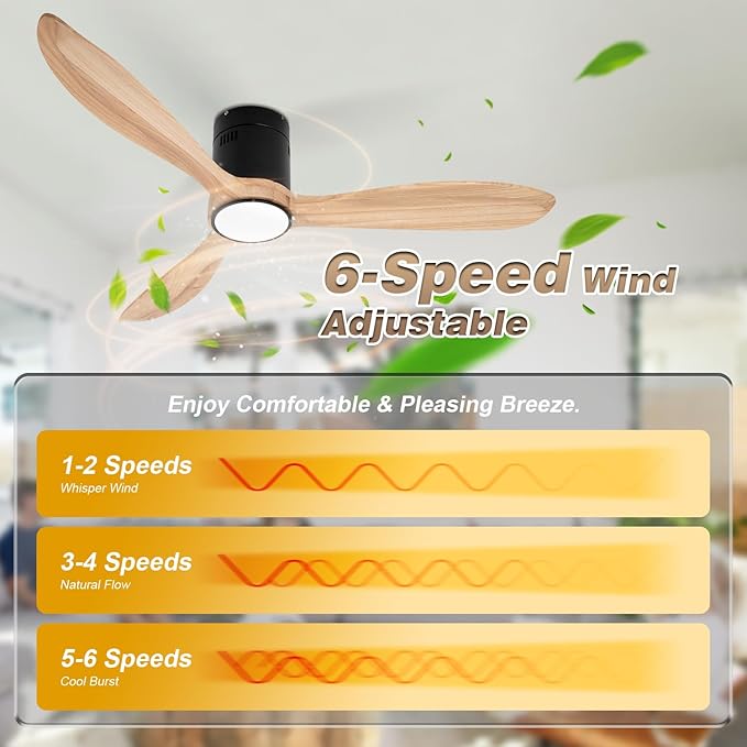 VACILL Flush Mount Ceiling Fan with Light,Low Profile Ceiling Fan,Natural Wooden Fan Blades,6 Speed,LED Dimmable,DC Motor,52 inch,Natural Wood Blade