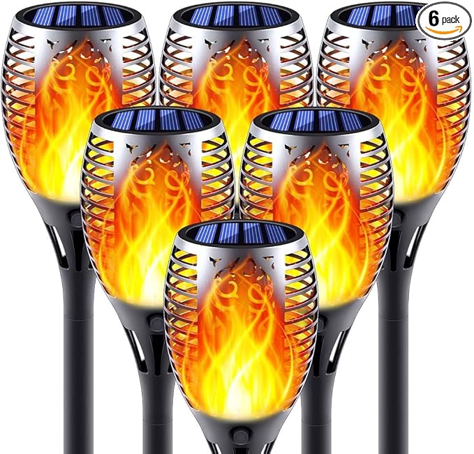 Solar Torch Light with Flickering Flame, 6 Pack Dancing Flame Torches for Patio, Auto On/Off Dust to Dawn Waterproof Outdoor Solar Lights for Garden Halloween Decorations