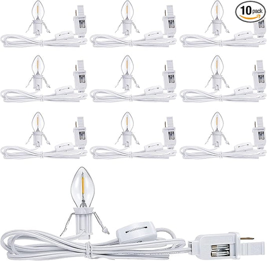 Feekoon 10 Packs 6ft Village Light Cord with 1W C7 LED Bulb, Salt Lamp Cord with ON/Off Switch and 2 Spare Fuses, Blow Mold Light Ideal for Christmas Village House Craft Decorations