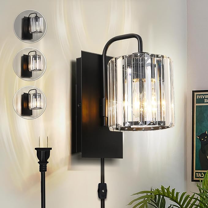 Plug in Sconces, Square Crystal Sconce Black Plug in Wall Sconce Crystal Wall Lamp with On Off Dimmer Cord, Glass Wall Light Fixtures for Living Room Bedroom Hallway Bedside