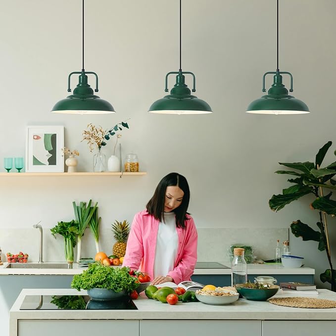 Farmhouse Pendant Light, 12.5inch, 3 Packs- Green Industrial Pendant Light, Kitchen Pendant Lights, Pendant Lights Kitchen Island, Pendant Light for Bedroom, Office, Kichen Sink, Library