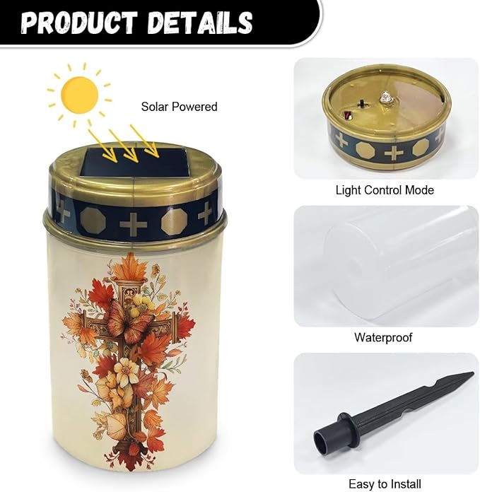Cross and Flroal Prayer Cemetery Solar Lights for Grave Cemetery Decor Candle Lamp Solar Powered Landscape Lights for Grave