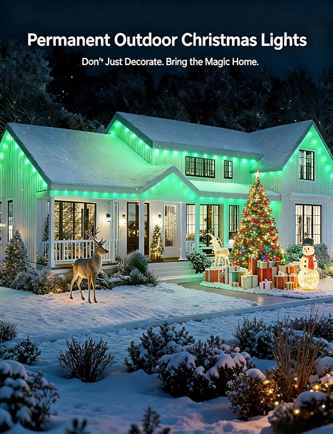 200FT Permanent Outdoor Christmas Lights for House, APP & Remote Control RGB LED Strip, IP67 Waterproof Eave Lights with DIY Colors for Halloween, Garden, Patio Decor