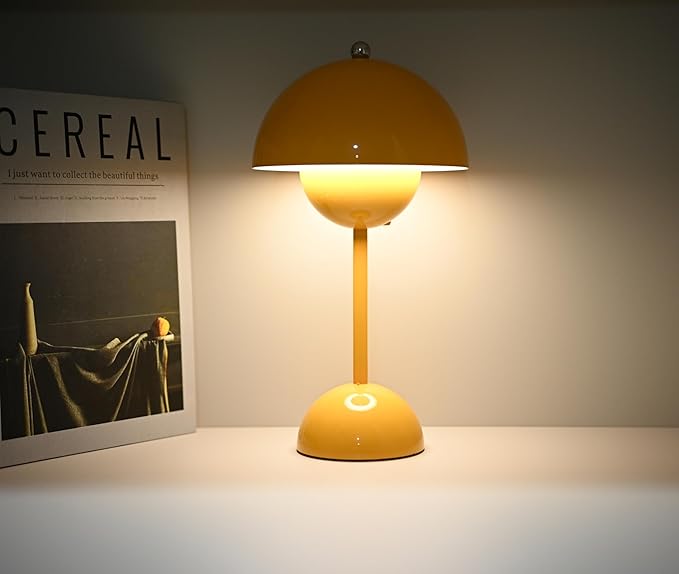 Flower Bud Lamp Modern Flowerpot Cordless Mushroom Touch Table Lamp 3 Mode Dimmable Rechargeable Desk Lamp for Bedroom(Yellow)