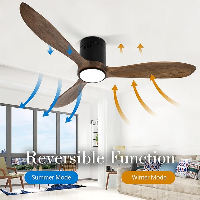 VACILL Wood Flush Mount Ceiling Fan with Light and Remote,52 inch Low Profile Ceiling Fan,Wooden Fan 3 Blades,6 Speed,LED Dimmable,DC Motor(Amber Wood)