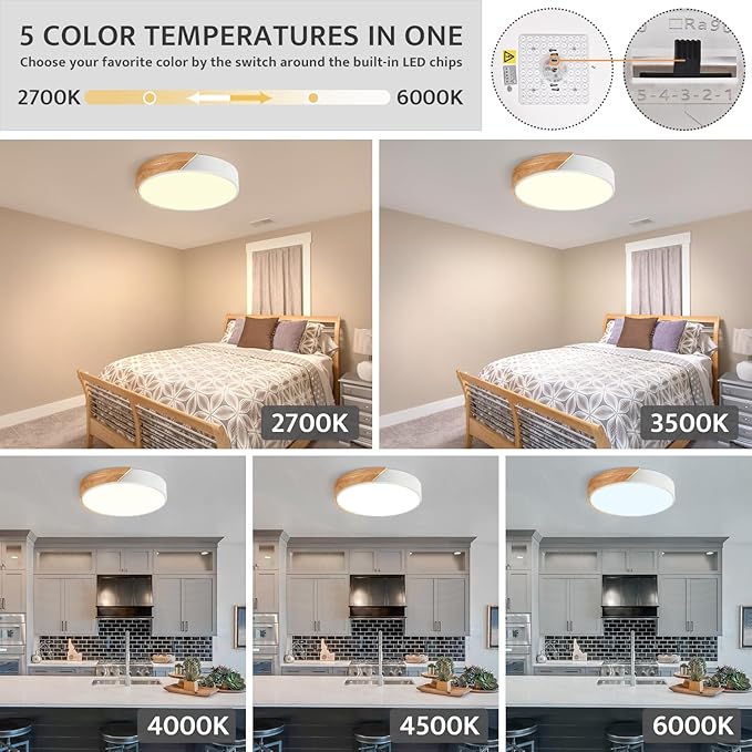 Vikaey Modern Dimmable LED Ceiling Light, Minimalist Wood Style 5CCT 2700K-6000K Flush Mount Ceiling Light Fixture, Round Lighting Lamp for Bedroom, Laundry Room, Hallway, White, 11.8"