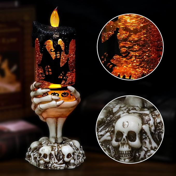 DRomance Halloween Snow Globe Flameless Candle with Timer, Battery Operated Tornado Lamp Skeleton Hand Candle Holder Yellow Light Glittering Spinning Water Halloween Table Decor(Bats, 4" x 10")