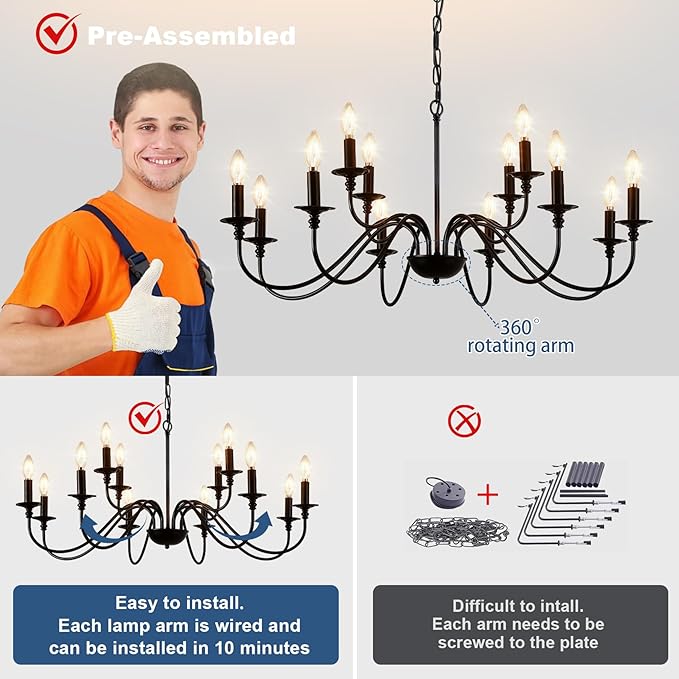 Depuley Farmhouse Chandelier for Dining Room: Antique 12-Light Candle Chandelier Industrial Hanging Ceiling Light Fixture for Kitchen - Black Rustic Vintage Iron Chandeliers for Living Room