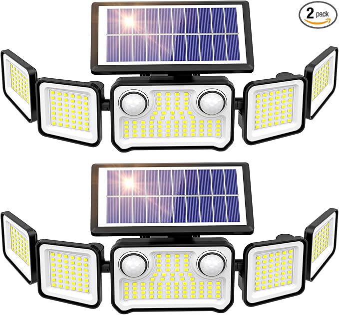6000LM Solar Lights Outdoor, 5 Heads Solar Security Lights with Remote Control, IP65 Waterproof Motion Sensor Lights 3 Modes Flood Lights for Wall, Porch, Yard, Outside, 2 Pack