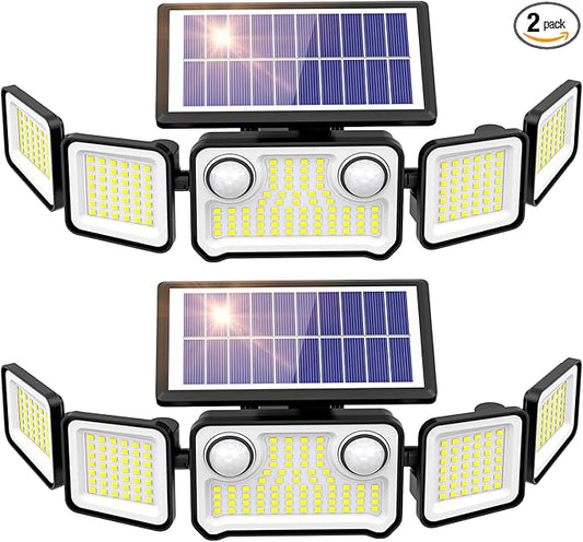 6000LM Solar Lights Outdoor, 5 Heads Solar Security Lights with Remote Control, IP65 Waterproof Motion Sensor Lights 3 Modes Flood Lights for Wall, Porch, Yard, Outside, 2 Pack