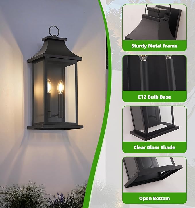 tewei 22'' Large Outdoor Wall Light, Porch Light Outdoor Wall Sconce Lantern, 2-Light Black Exterior Lighting Fixture Wall Mount, Outside Light for House Garage, 1-Pack