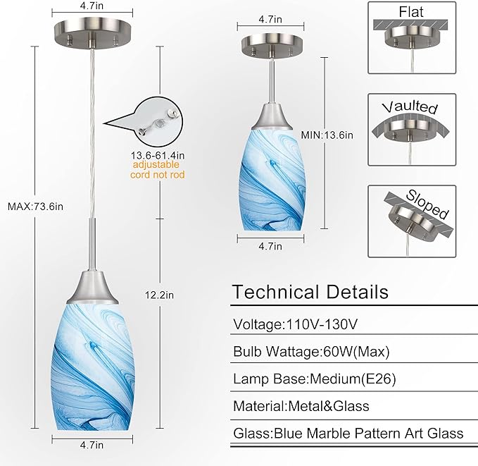 Mini Glass Pendant Light 1-Pack with Handblown Blue Marble Art Oval Glass Lamp Ceiling Hanging Light 4.72" Glass Chandelier for Dining Room Kitchen Foyer Hallway