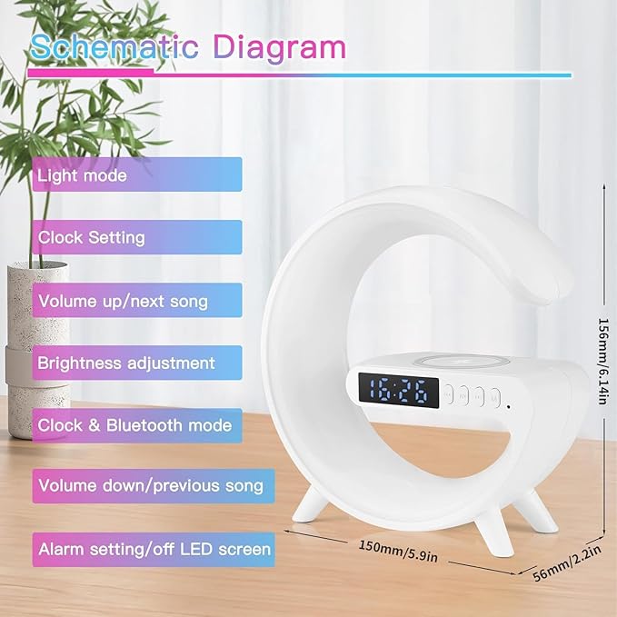 New Wireless Speaker Charger, Atmosphere Light with Wireless Charging Function, Table Lamp, Bedside Lamp with Alarm Clock & Charging Function, Bedroom Bedside Lamp, Gifts (Black)