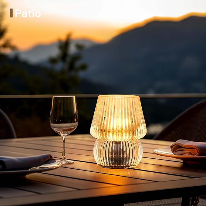 Small Battery Operated Lamp with Timer, Tiny Cordless Glass Table Lamp for Home Decor, Kitchen, Bathroom, Birthday Gift for Women, Mushroom, Amber
