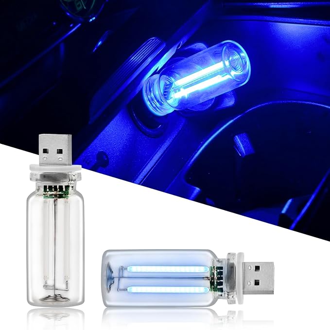 2PCS USB Lights for Car, Touch Adjustment Lights, Plug in USB Vehicle Interior Ambient Light, Mini LED Retro Bulb Glass Bottle Night Light for Camping, Holiday Decoration, Party, Bedroom (Blue)