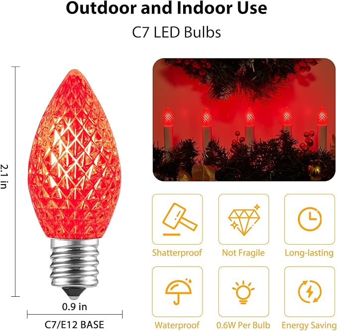 Minetom 50 Pack C7 Led Christmas Lights Bulb, Shatterproof Led Bulb for Outdoor String Lights, E12 Base, Commercial Grade Red Bulbs