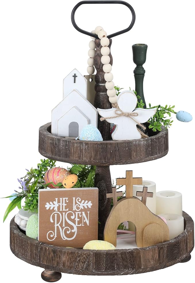 Glenmal 4 Pcs Easter Tiered Tray Decor He is Risen Religious Tiered Tray Decorations Wooden Easter Jesus Sign with LED Fairy Lights for Farmhouse Home Church Table Christian Catholic Cross Gifts