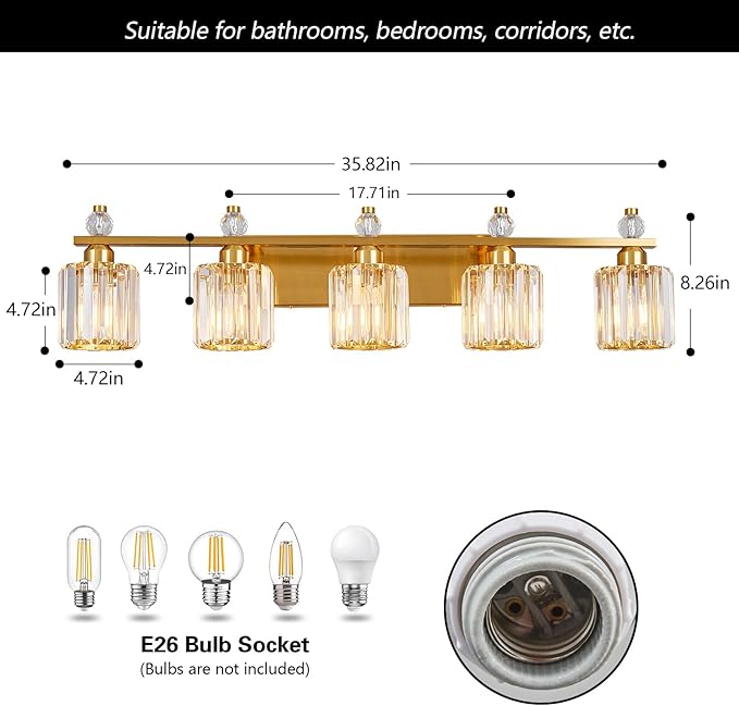 Bathroom Vanity Lights 5-Light Gold Modern Crystal Vanity Light Fixtures Over Mirror Crystal Bathroom Vanity Lighting Fixtures