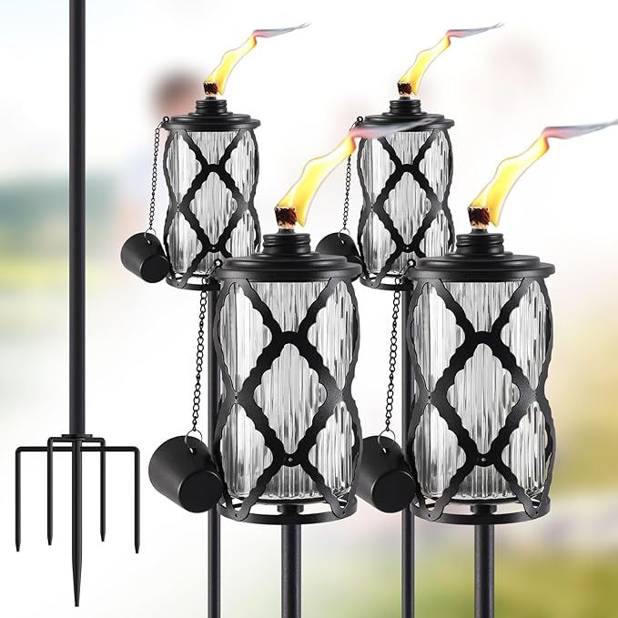 2 Pack Gray Glass Garden Torch ,59-Inch Outdoor Torch Garden Décor, Upgraded 16 oz Citronella Torches with 5-Prong Grounded Stake,Metal Light Torches for Party Patio Pathway