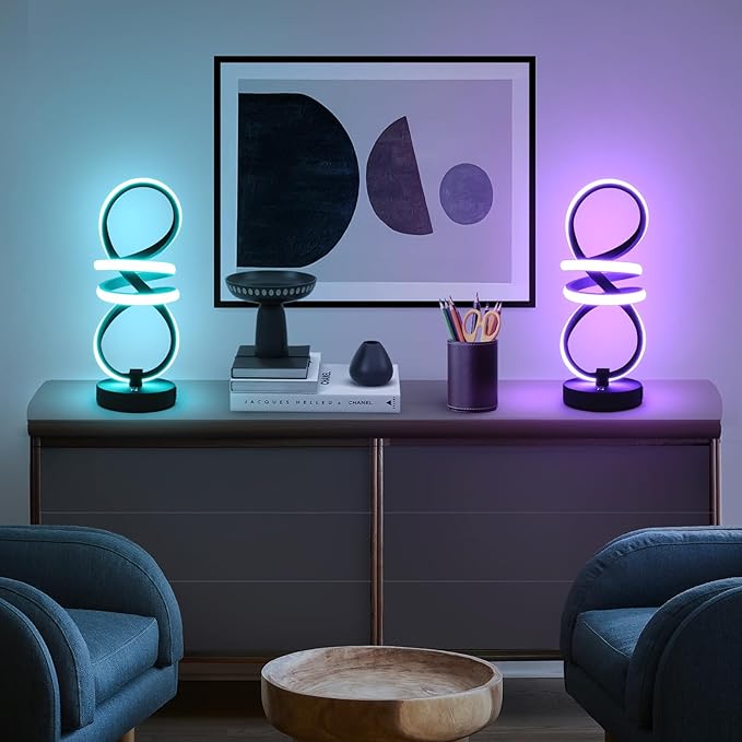 Modern LED Table Lamp, Spiral RGB Table Lamp, Touch Dimmable LED Nightstand Lamp with USB/Type C, 7 Colors & 10 Light Modes Bedside Lamp for Bedroom, Living Room, Cool Lamps for Ideal Gift(2 PACK)