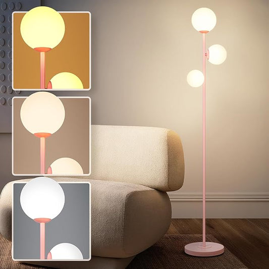 Soilsiu 3 Globe Floor Lamp - Mid Century Modern Standing Light with 3 Color Temperatures, LED Bulbs, Frosted Glass Shades for Living Room (Pink)