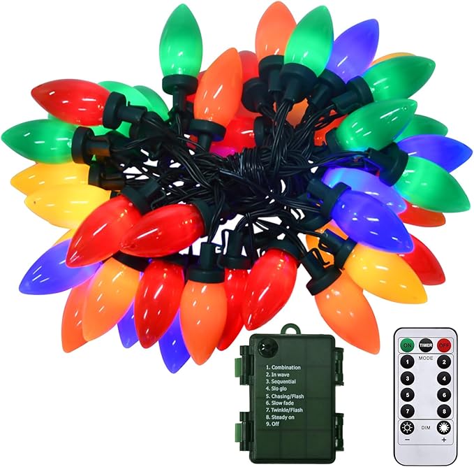27.5FT C9 LED Christmas Lights Battery Operated Outdoor with 8 Mode Remote Control, 50 Twinkle Big Christmas Lights for Colored Xmas Tree Light & Home Garden Yard Lawn Decorations