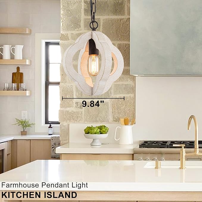 9.84" Modern Farmhouse Wood Pendant Lights Kitchen Island Orb Distressed White Oak Pendant Light Rustic Ceiling Hanging Light for Kitchen Sink Dining Room Hallway Entryway Foyer Adjustable Chain E26