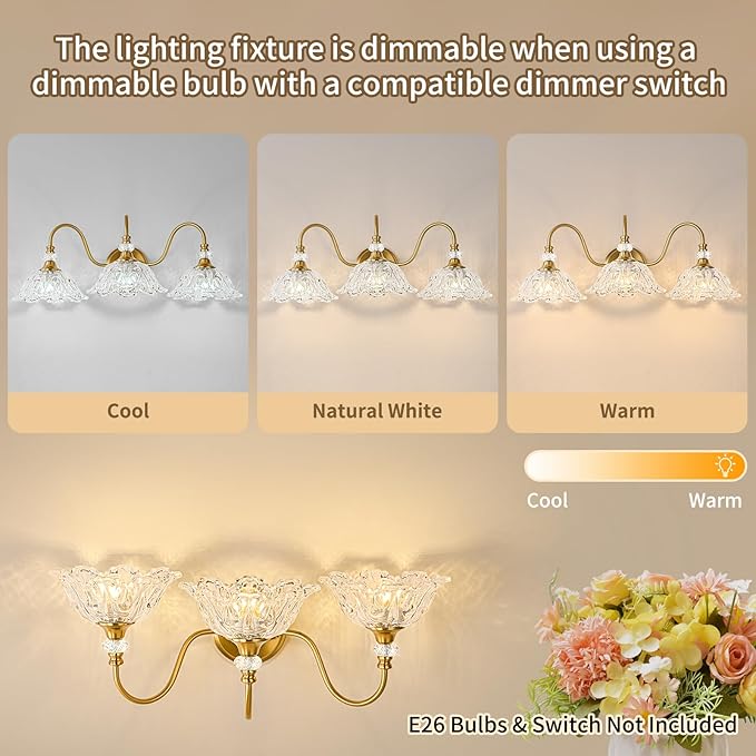 Gold Bathroom Vanity Light, 3-Light Brushed Gold Finish Vanity Light with Floral Clear Glass Shades, Retro Wall Mount Lighting for Bathroom, Dressing Table