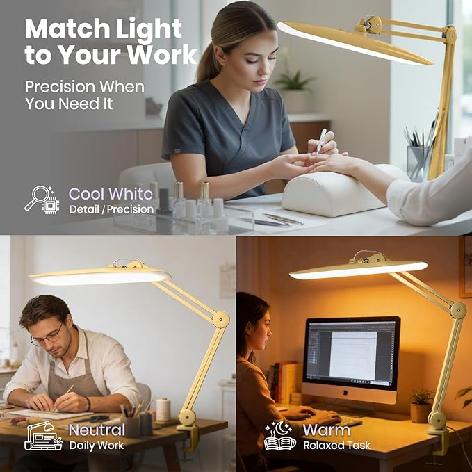 Neatfi XL 2200 Lumens 20W LED Desk Lamp with Clamp - Adjustable Color Temperature | 4-Level Dimmable Light | Home Office, Crafts & Workbench | 20-Inch Wide Head (CCT, Gold)