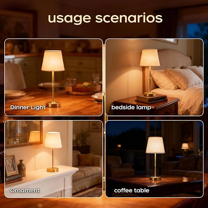 Cordless Table Lamp Rechargeable, LED Table Lamps with Touch Control, Stepless Dimmable Bedside Lamp, 6000mAh Battery Operated USB-C Lamp for Bedroom, Dining, Patio, Small Fabric Lamp Gold