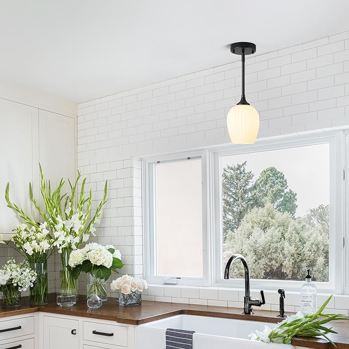 Milk Glass Pendant Lights Kitchen Island, 1-Light 5.8" Black Modern Pendant Light Fixtures with Rods, Mini Hanging Lighting for Kitchen Island Sink Bathroom Dining Room, E26 Base