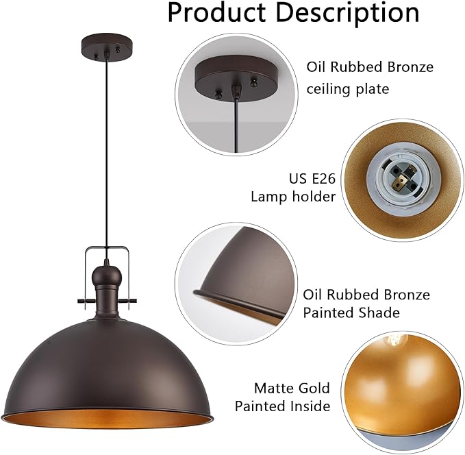 18 Inch Oil Rubbed Bronze Farmhouse Pendant Lights Large Pendant Lights for Kitchen Island Industrial Adjustable Height Vintage Big Dome Hanging Light Fixtures for Barn, Dining Room