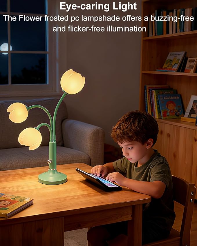 Lightdot Vintage Flower Table Lamp, Green Small Cute Bedside Lamp with Adjustable Gooseneck& Bulbs, 3000K Warm Light Dimmable Desk Lamps Nightstand Light for Bedroom Living Room