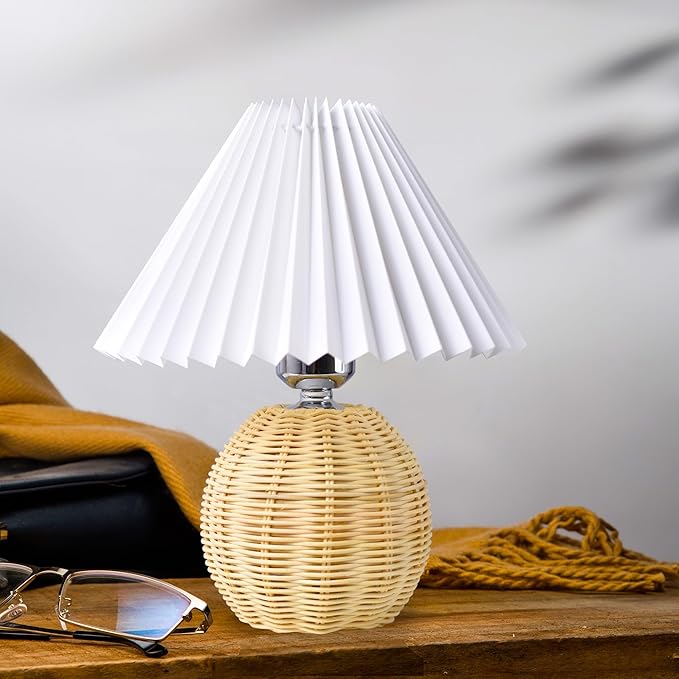 Korean Pleated Table Lamp Ins DIY Ceramic Table Lamps for Living Room Home Deco Cute Lamp with Tricolor Led Bulb Beside Lamp… Rattan and White