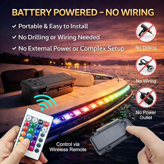 Battery Powered Boat Lights, 2 Pcs 8FT IP68 Submersible RGB Marine LED Strip Lights with Remote, Interior Courtesy Deck Lighting for Kayak SUP Canoe Pontoon, Jon Boat, Bass Boat, Fishing Safety