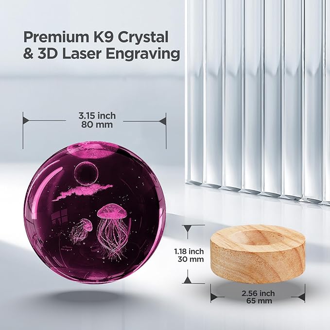 3D Jellyfish Crystal Ball Night Light with 16 Color Led Wooden Base Large 3.15 Inch Glass Ball Lamp with Remote for Birthday Christmas Cool Jellyfish Decor Gifts for Boys Girls