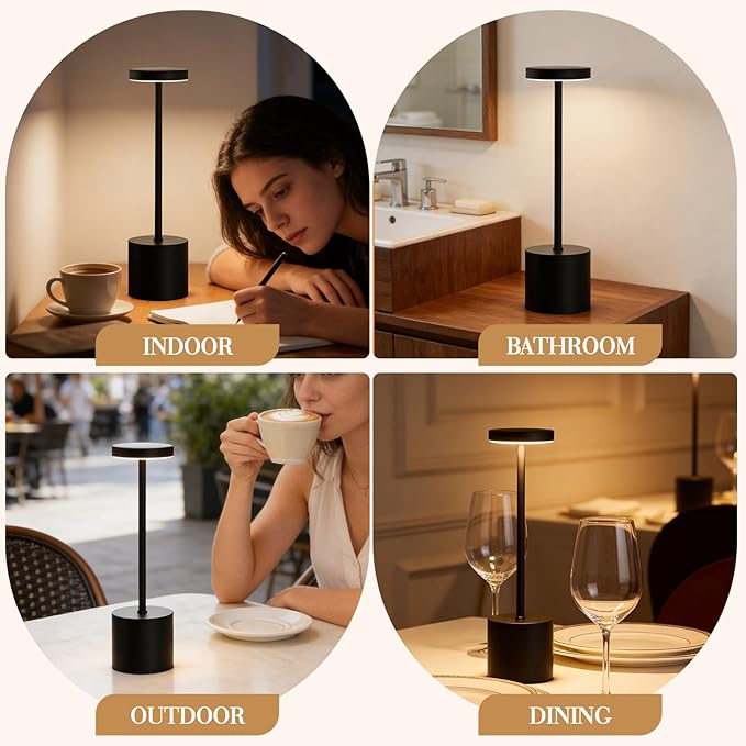 Rechargeable Table Lamp –Outdoor Touch Cordless Desk Lamps, 5000mAh Battery Operated Lamp with 3-Color Dimmable Light, Portable LED Lamp for Bedroom, Dining Room, Patio, Outdoor (Black)