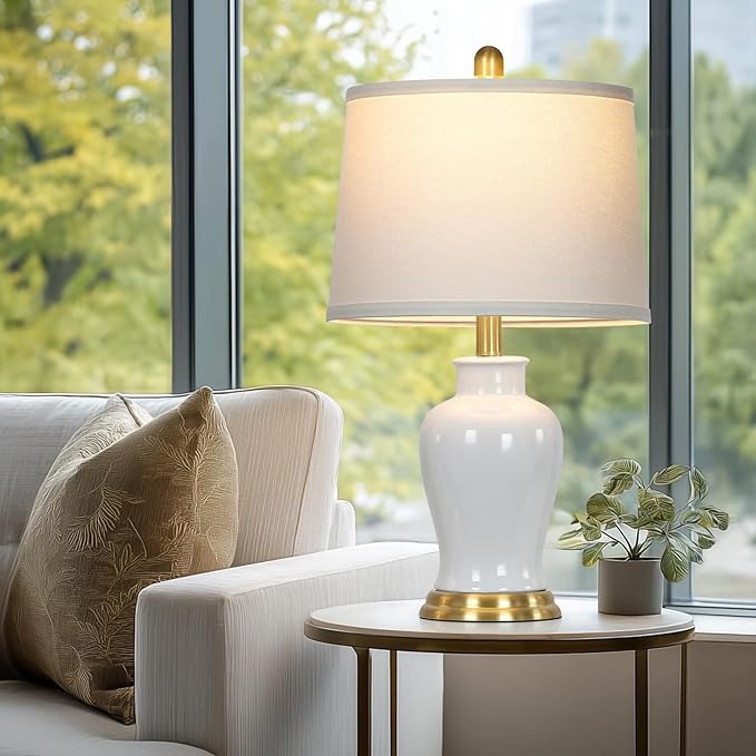 White Ceramic Table Lamps Set of 2, 23" Modern Ceramic Bedside Lamps with Ginger Jar Design, Farmhouse Lamp for Living Room End Table, Elegant Bedroom Lamp for Nightstand Desk Side Home Decor