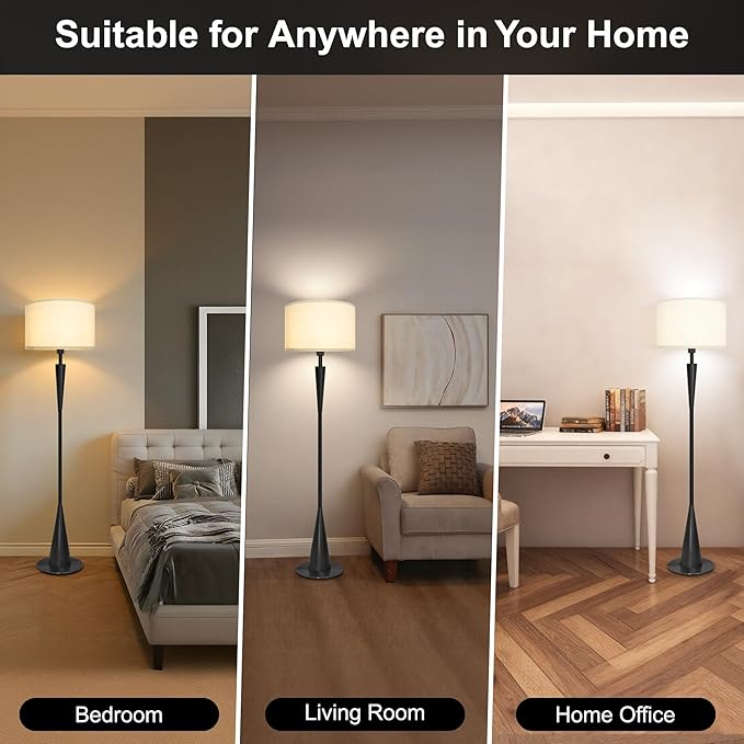 Floor Lamp for Living Room, Wood 3 Color Temperatures & Linen Shade, Modern Reading Standing Lamp with 9W LED Bulb, Mid Century Night Light for Farmhouse, Bedroom, Office, Black