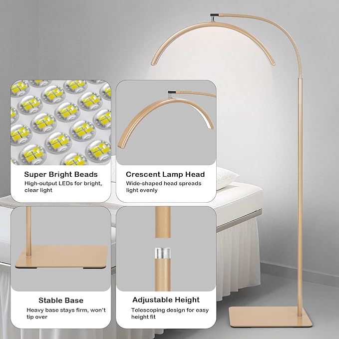 Half Moon Lash Light for Eyelash Extensions & Estheticians, Dimmable LED Lash Lamp with Flexible Gooseneck, Shadow-Free Moon Light for Lash Tech, Tattoo, SPA, Eyelash Lamp (Gold)