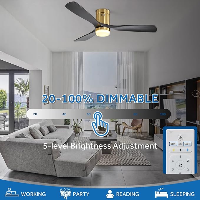 Sofucor Low Profile Ceiling Fan with Lights and Remote Control, 52" Wood Ceiling Fan with 3 Color Temperature & Adjustable Brightness, Black Wood