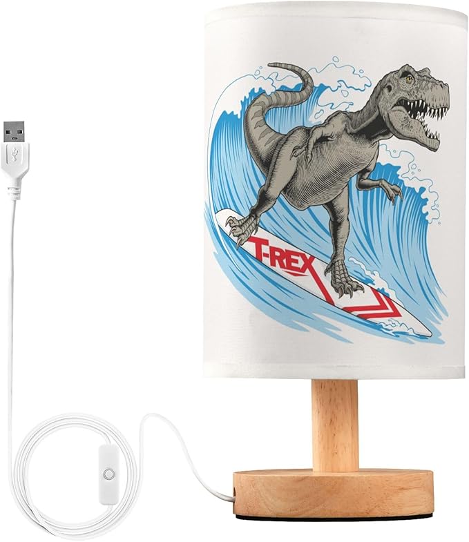 Table Lamp T-rex Dinosaur Surfing Ocean Wave Nightstand Lamp with Wood Base Fabric Lamp Shade Bedside Desk Lamp for Living Room Bedroom Kids Room Office