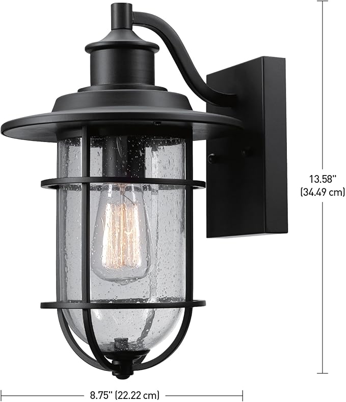 Globe Electric 44094 1-Light Outdoor/Indoor Wall Sconce, Black Finish, Seeded Glass Shade, Coastal Modern Design, Weather-Resistant, E26 Base