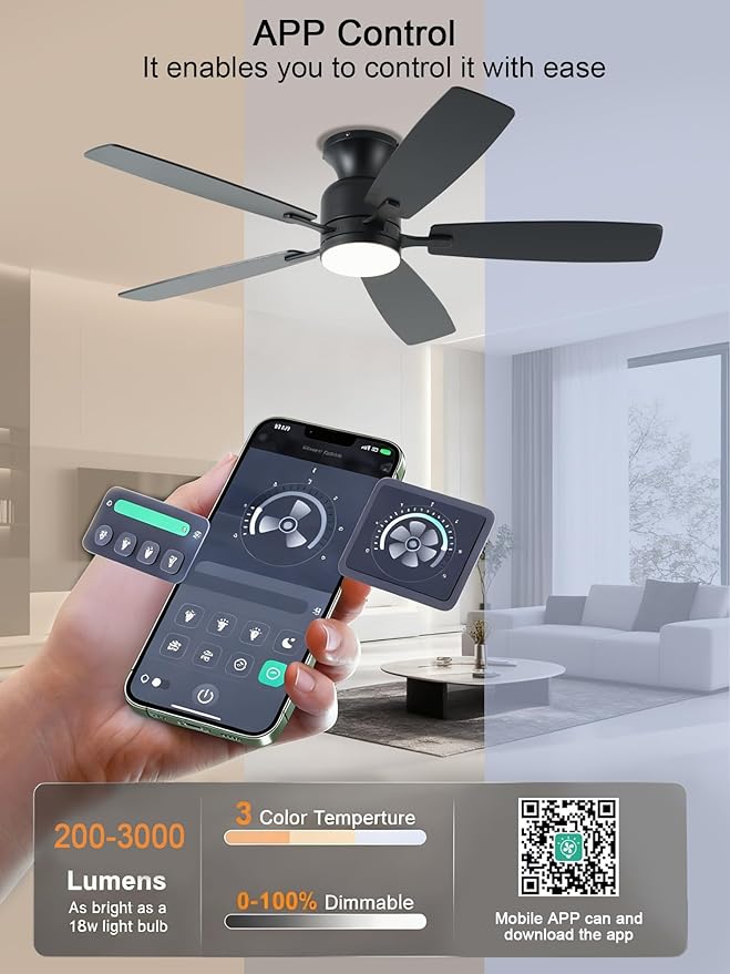KNUN Ceiling Fans with Lights,52 Inch Flush Mount Ceiling Fan with Light and Remote/APP Control,3CCT Dimmable, DC Motor, Low Profile Ceiling Fan for Living Room, Bedroom, Indoor/Outdoor Use(Black)