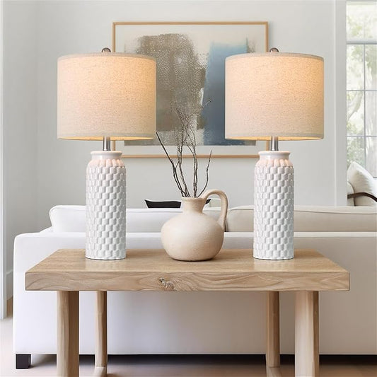 27" White Modern Ceramic Living Room Lamps Bedside Lamp Set of 2 for Bedroom Decor Farmhouse Table Lamp for Living Room Office Dorm