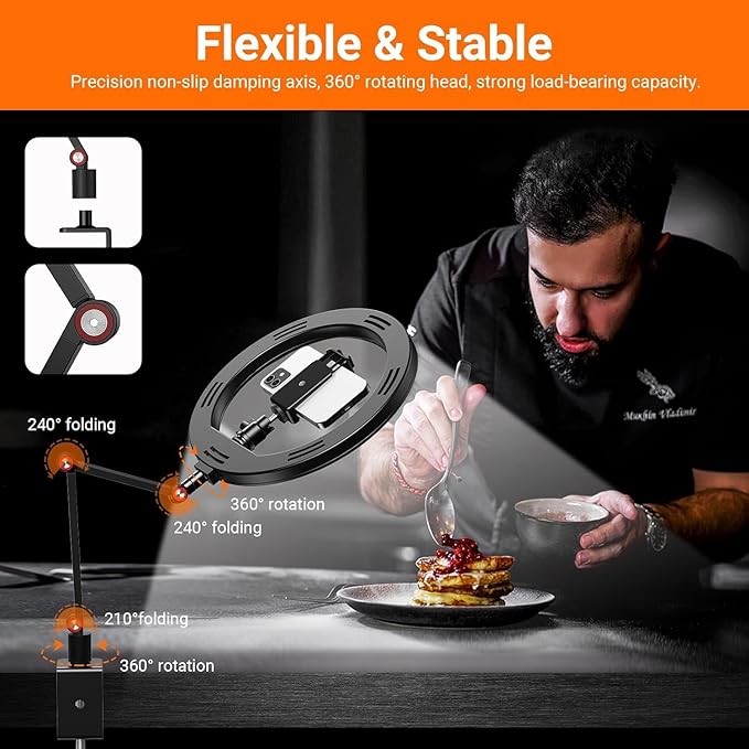 APEXEL 10" Ring Light for Desk, Ring Light with Stand and Phone Holder, Overhead Camera Mount with C-Clamp, 360° Rotate & Adjust Arm for Photography/Makeup/Live Stream Video/YouTube